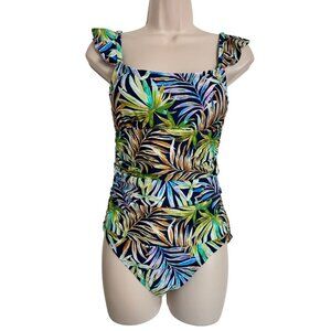 Ellen Tracy Colorful One Piece Swimsuit Size 8 Ruffle Adjustable Straps NWOT Pad